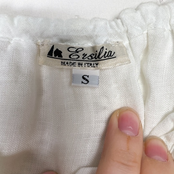 Ersilia Sz. S 100% linen handmade off the shoulder white lace and crochet dress - Picture 6 of 12